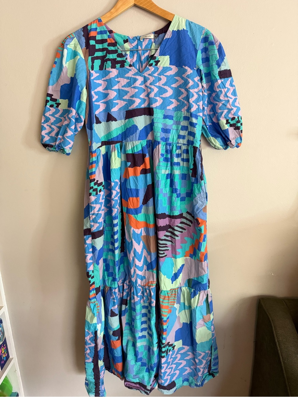 Maude Vivante Womens M Dress Abstract Print Midi Dress in Blue-Green